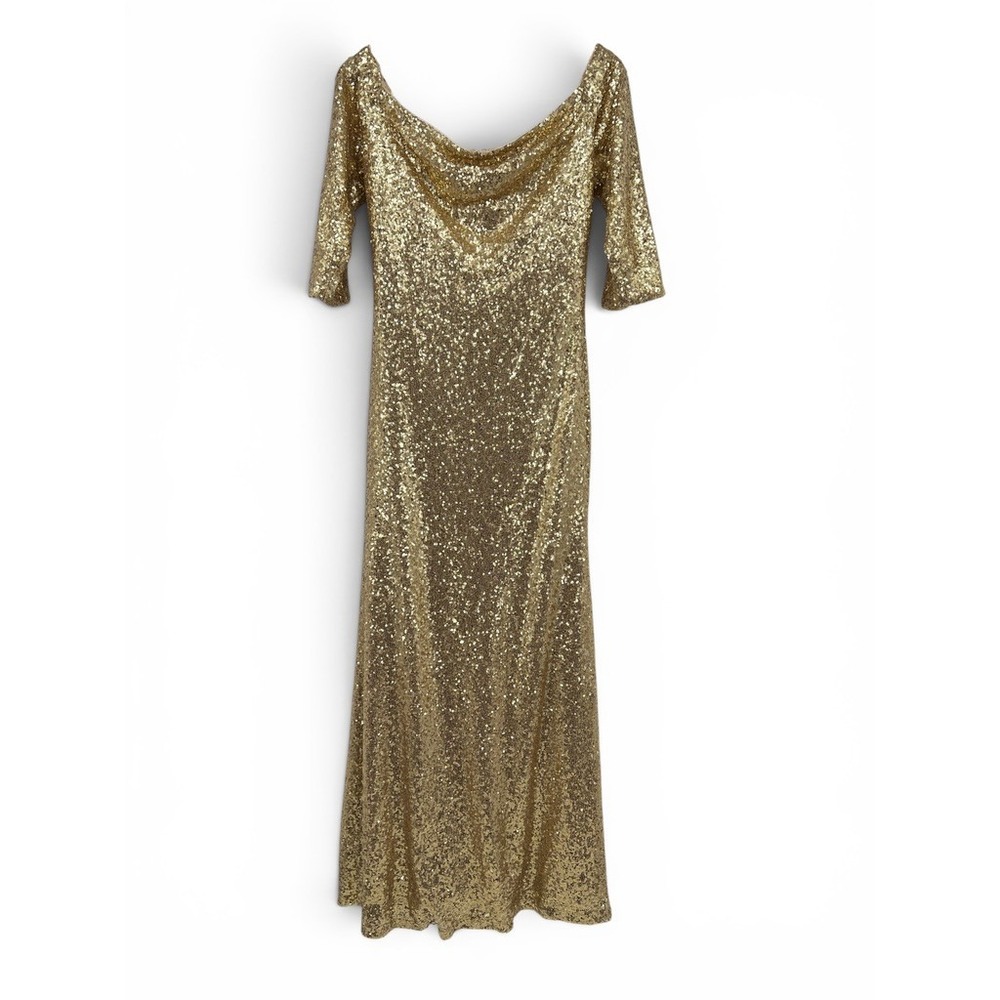 Revelry Gold Sequin Cowl Neck Maxi Dress 3/4 Sleeve Formal Bridesmaid Gown‎ 12